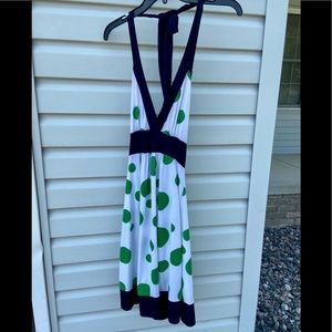 White/navy halter dress w/ green polka dots